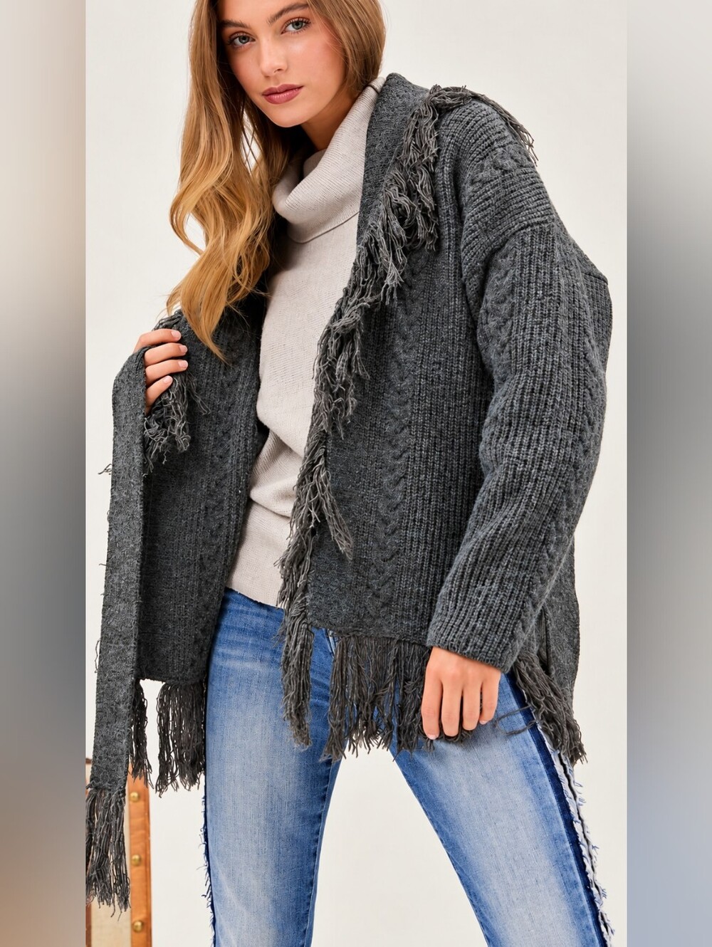 Davi & Dani Fringe Trim Cable Knit Tie Belt Cardigan – Charcoal – Small